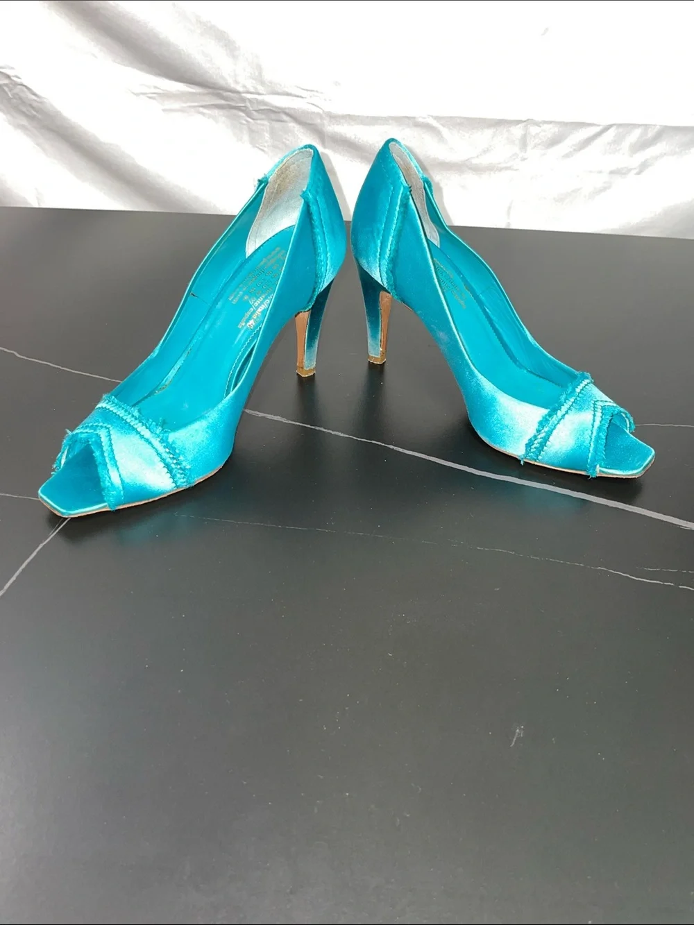 PEDRO GARCIA TEAL SATIN FRAYED PEEP TOE HEELS FTL-08-201